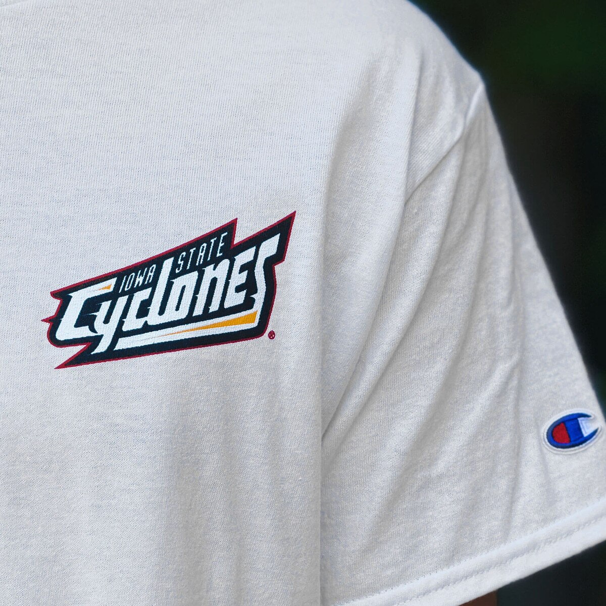 Champion Spirit Collection Wordmark White Short Sleeve T-Shirt design close up